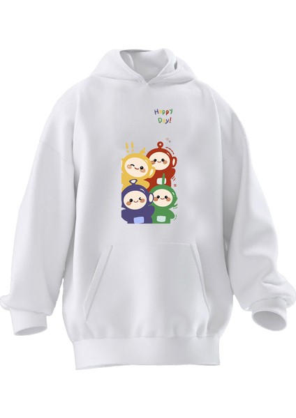 Unisex Premium Pamuk Beyaz Teletabiler Çizim Baskılı 3 Iplik Kapüşonlu Sweatshirt