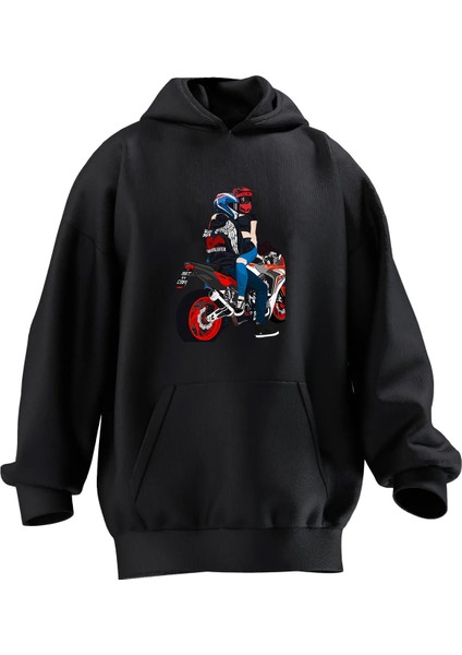 Unisex Premium Pamuk Siyah Kucakta Motorlu Çift Baskılı 3 Iplik Kapüşonlu Sweatshirt