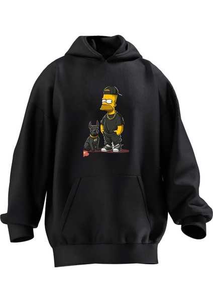 Unisex Premium Pamuk Siyah Sipson Buldog Baskılı 3 Iplik Kapüşonlu Sweatshirt