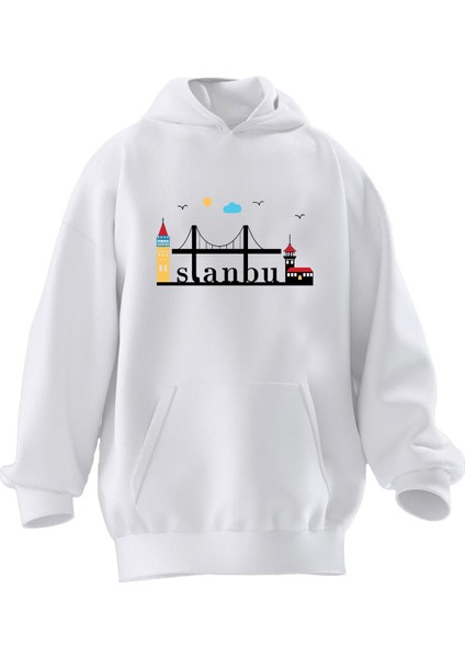 Unisex Premium Pamuk Beyaz Istanbul Köprü Baskılı 3 Iplik Kapüşonlu Sweatshirt