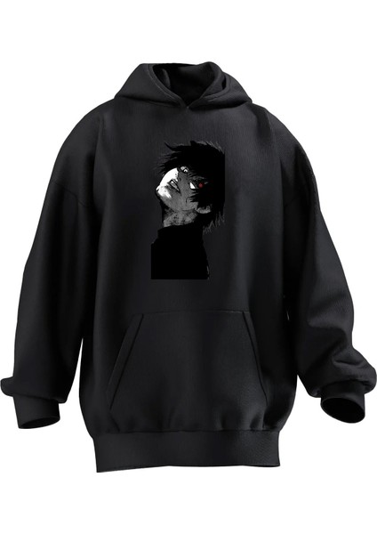 Unisex Premium Pamuk Siyah Kırmızı Gözlü Anime Erkek Karakter Baskılı 3 Iplik Kapüşonlu Sweatshirt