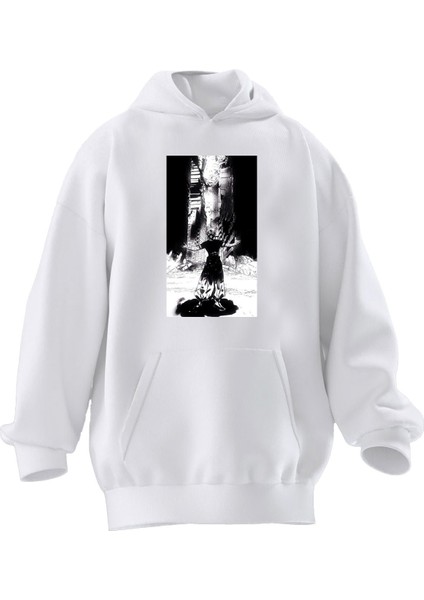 Unisex Premium Pamuk Beyaz Gölge Anime Baskılı 3 Iplik Kapüşonlu Sweatshirt