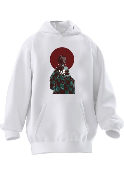 Unisex Premium Pamuk Beyaz Kırmızı Dolunay Anime Japon Baskılı 3 Iplik Kapüşonlu Sweatshirt