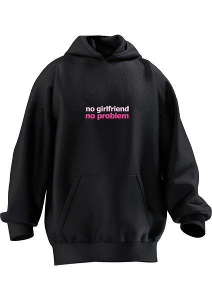 Unisex Premium Pamuk Siyah No Girlfriend Baskılı 3 Iplik Kapüşonlu Sweatshirt