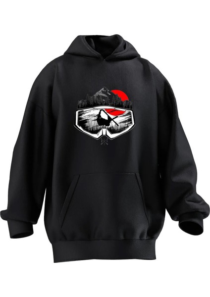 Unisex Premium Pamuk Siyah Ski Mask Baskılı 3 Iplik Kapüşonlu Sweatshirt