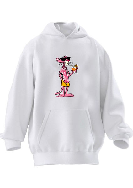 Unisex Premium Pamuk Beyaz Portakal Pembe Panter Baskılı 3 Iplik Kapüşonlu Sweatshirt