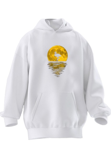 Unisex Premium Pamuk Beyaz Sarı Dolunay Filamingo Baskılı 3 Iplik Kapüşonlu Sweatshirt