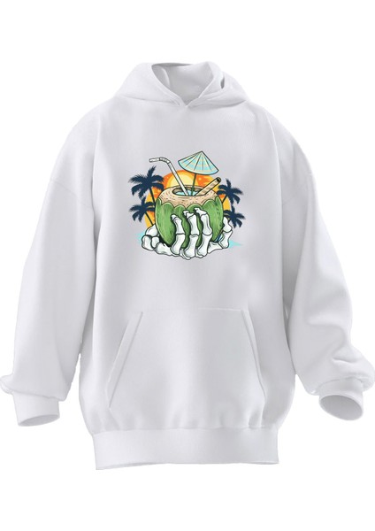 Unisex Premium Pamuk Beyaz Tatil Palmiye Içecek Havuz Baskılı 3 Iplik Kapüşonlu Sweatshirt