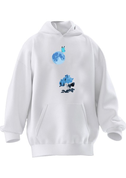 Unisex Premium Pamuk Beyaz Ay Çiçek Mavi Baskılı 3 Iplik Kapüşonlu Sweatshirt