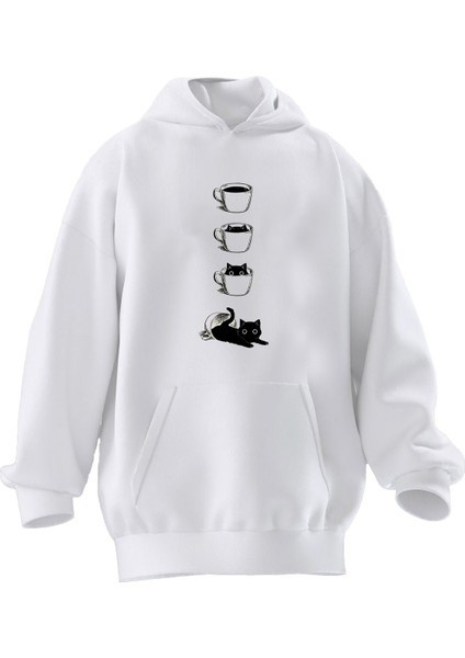 Unisex Premium Pamuk Beyaz Kahve Fincan Karakedi Baskılı 3 Iplik Kapüşonlu Sweatshirt