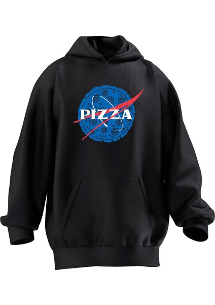 Unisex Premium Pamuk Siyah Pizza Nasa Baskılı 3 Iplik Kapüşonlu Sweatshirt