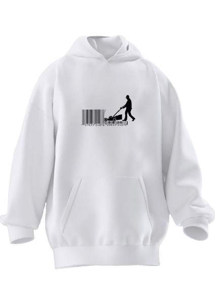 Unisex Premium Pamuk Beyaz Biçki Makinası Baskılı 3 Iplik Kapüşonlu Sweatshirt