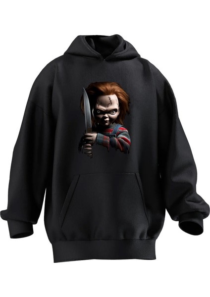 Unisex Premium Pamuk Siyah Bıçaklı Chucky Baskılı 3 Iplik Kapüşonlu Sweatshirt