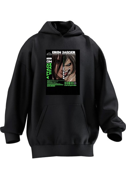 Unisex Premium Pamuk Siyah Eren Jaeger Baskılı 3 Iplik Kapüşonlu Sweatshirt