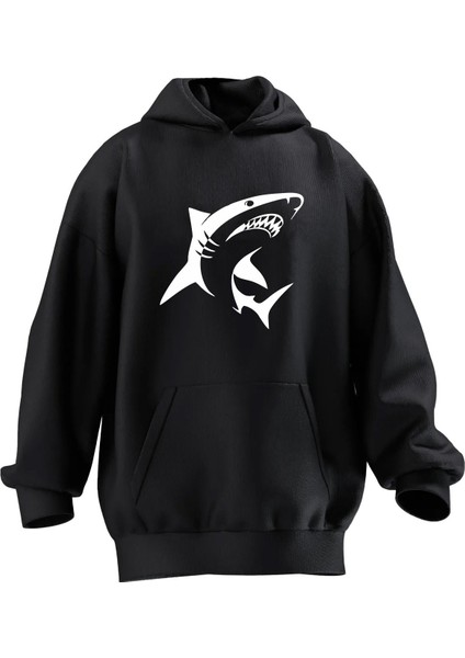 Unisex Premium Pamuk Siyah Köpek Balığı Baskılı 3 Iplik Kapüşonlu Sweatshirt