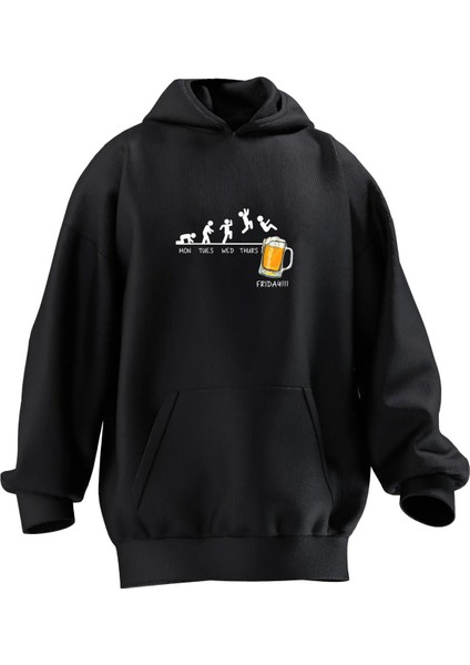 Unisex Premium Pamuk Siyah Beer Koşu Baskılı 3 Iplik Kapüşonlu Sweatshirt