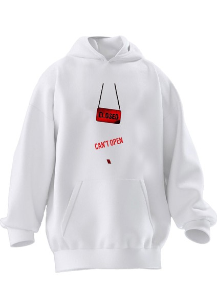 Unisex Premium Pamuk Beyaz Closed Baskılı 3 Iplik Kapüşonlu Sweatshirt