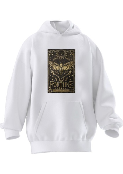 Unisex Premium Pamuk Beyaz Fortune Poster Baskılı 3 Iplik Kapüşonlu Sweatshirt