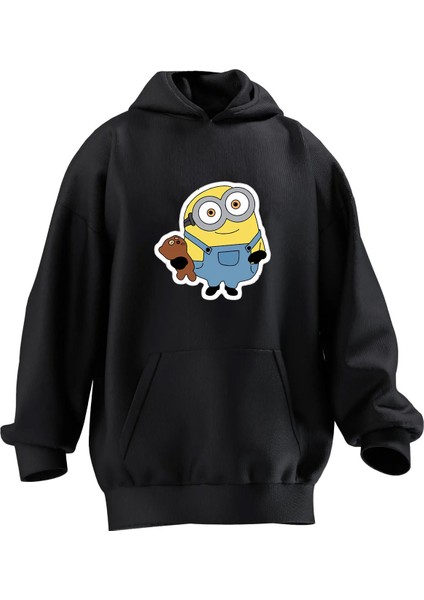 Unisex Premium Pamuk Siyah Oyuncaklı Minyon Baskılı 3 Iplik Kapüşonlu Sweatshirt