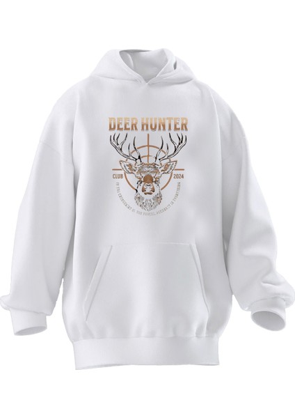 Unisex Premium Pamuk Beyaz Deer Hunter Geyik Baskılı 3 Iplik Kapüşonlu Sweatshirt