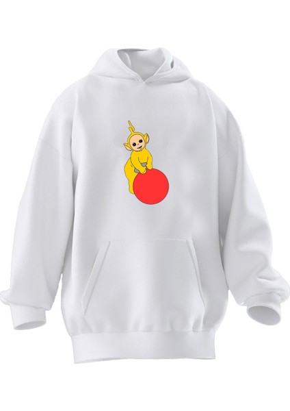 Unisex Premium Pamuk Beyaz Sarı Toplu Teletabi Baskılı 3 Iplik Kapüşonlu Sweatshirt