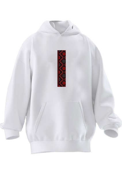 Unisex Premium Pamuk Beyaz Yarım Halı Deseni Baskılı 3 Iplik Kapüşonlu Sweatshirt