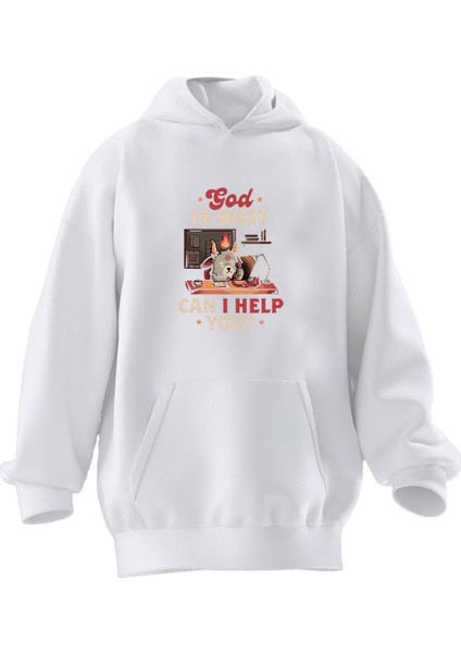 Unisex Premium Pamuk Beyaz Godıs Busy Baskılı 3 Iplik Kapüşonlu Sweatshirt