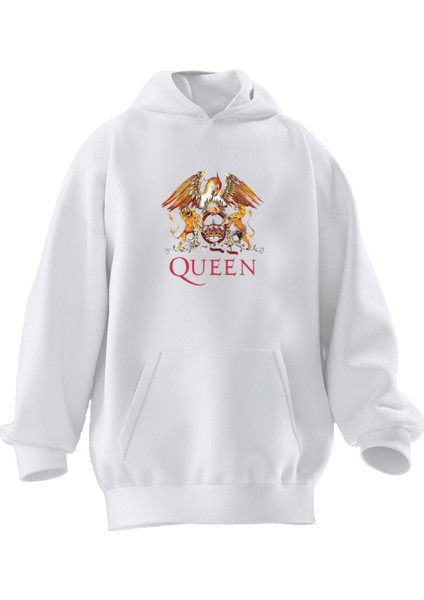 Unisex Premium Pamuk Beyaz Queen Aslan Baskılı 3 Iplik Kapüşonlu Sweatshirt