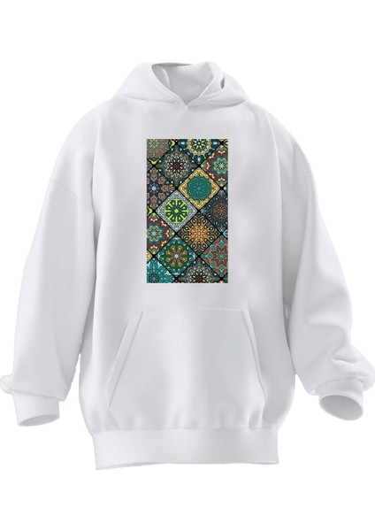 Unisex Premium Pamuk Beyaz Renkli Halı Deseni Baskılı 3 Iplik Kapüşonlu Sweatshirt