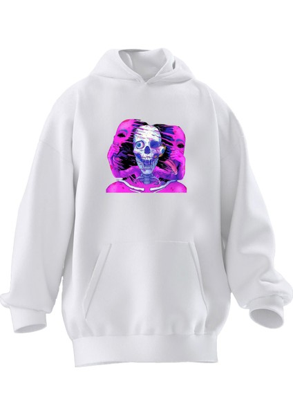 Unisex Premium Pamuk Beyaz Pembe Palyaço Baskılı 3 Iplik Kapüşonlu Sweatshirt