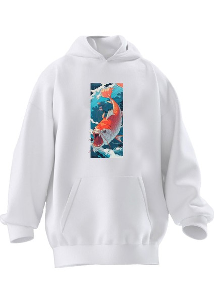 Unisex Premium Pamuk Beyaz Turuncu Piranha Baskılı 3 Iplik Kapüşonlu Sweatshirt