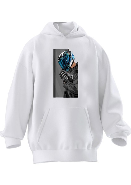 Unisex Premium Pamuk Beyaz Motorcu Erkek Baskılı 3 Iplik Kapüşonlu Sweatshirt