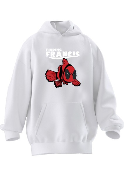 Unisex Premium Pamuk Beyaz Finding Francis Baskılı 3 Iplik Kapüşonlu Sweatshirt