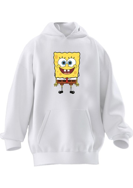 Unisex Premium Pamuk Beyaz Sünger Bob Gülücük Baskılı 3 Iplik Kapüşonlu Sweatshirt