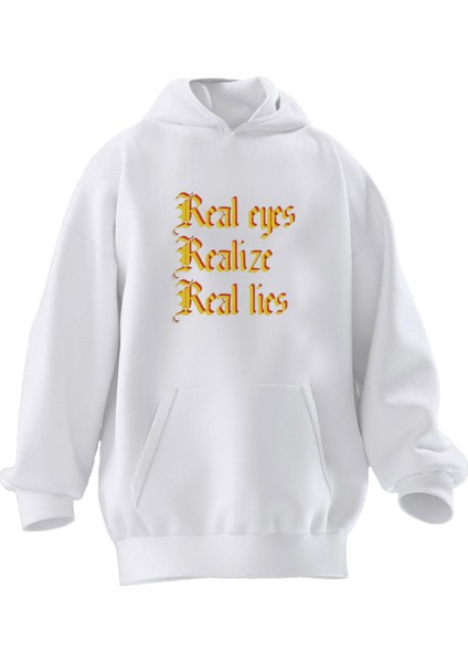 Unisex Premium Pamuk Beyaz Real Eyes Baskılı 3 Iplik Kapüşonlu Sweatshirt