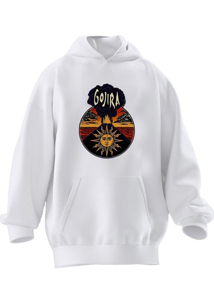 Unisex Premium Pamuk Beyaz Gojira Güneş Desen Baskılı 3 Iplik Kapüşonlu Sweatshirt