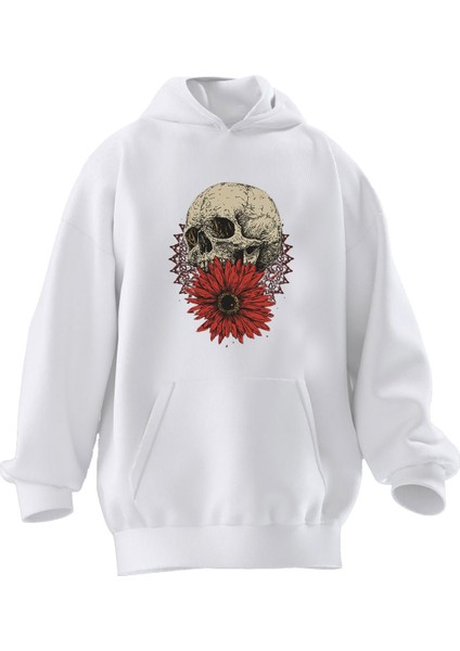 Unisex Premium Pamuk Beyaz Kırmızı Papatya Kurukafa Baskılı 3 Iplik Kapüşonlu Sweatshirt