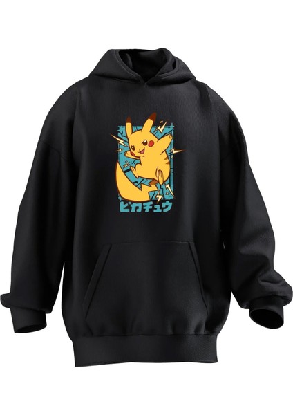Unisex Premium Pamuk Siyah Electiric Pikachu Baskılı 3 Iplik Kapüşonlu Sweatshirt