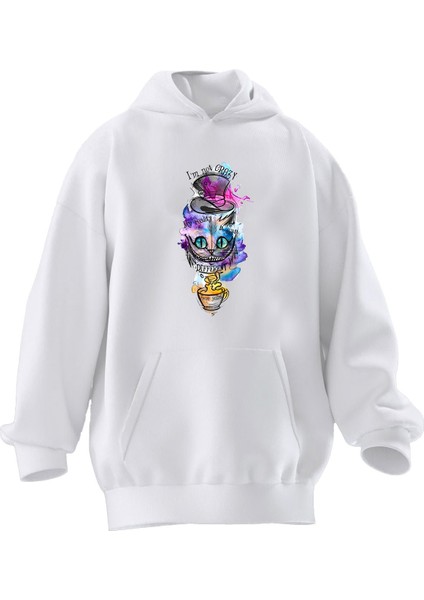 Unisex Premium Pamuk Beyaz Kupa Kedi Baskılı 3 Iplik Kapüşonlu Sweatshirt