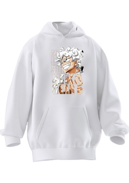 Unisex Premium Pamuk Beyaz Nika Gear5 Anime Karakter Baskılı 3 Iplik Kapüşonlu Sweatshirt