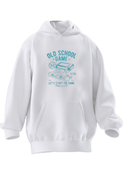 Unisex Premium Pamuk Beyaz Old School Baskılı 3 Iplik Kapüşonlu Sweatshirt