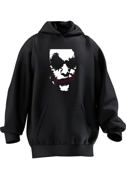 Unisex Premium Pamuk Siyah Silik Joker Baskılı 3 Iplik Kapüşonlu Sweatshirt