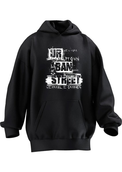 Unisex Premium Pamuk Siyah Sokak Sanatı Grafiti Baskılı 3 Iplik Kapüşonlu Sweatshirt