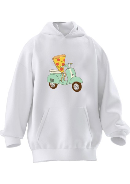Unisex Premium Pamuk Beyaz Pizza Scoter Baskılı 3 Iplik Kapüşonlu Sweatshirt