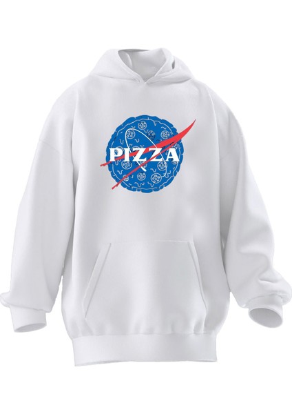 Unisex Premium Pamuk Beyaz Pizza Nasa Baskılı 3 Iplik Kapüşonlu Sweatshirt