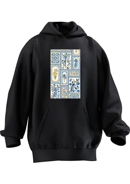 Unisex Premium Pamuk Siyah Çini Deseni Baskılı 3 Iplik Kapüşonlu Sweatshirt