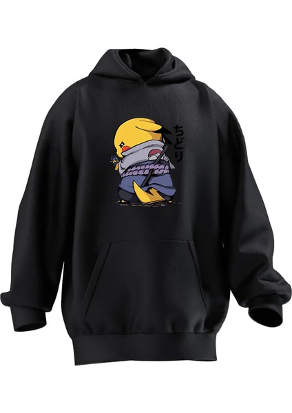 Unisex Premium Pamuk Siyah Çinli Pikachu Baskılı 3 Iplik Kapüşonlu Sweatshirt