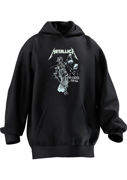 Unisex Premium Pamuk Siyah Metallica Gölge Poster Baskılı 3 Iplik Kapüşonlu Sweatshirt