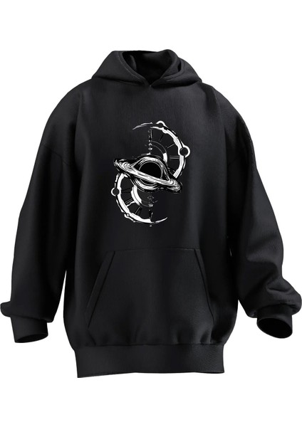 Unisex Premium Pamuk Siyah Uzay Gemisi Zaman Baskılı 3 Iplik Kapüşonlu Sweatshirt