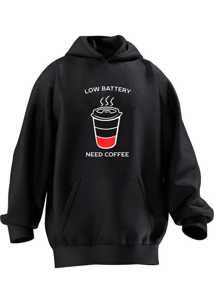 Unisex Premium Pamuk Siyah Low Battery Coffeee Baskılı 3 Iplik Kapüşonlu Sweatshirt